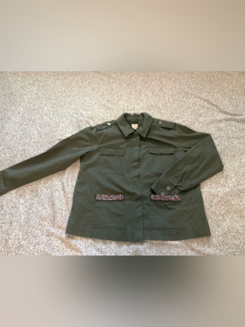 A New Day Olive Green Military Style Jacket with Sequin Pocket Trim XXL